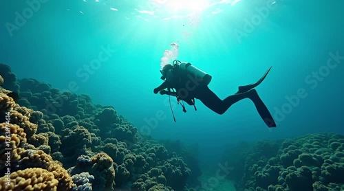 Wallpaper Mural Silhouette of a scuba diver exploring a vast coral reef beneath intense sun rays in clear turquoise tropical water Torontodigital.ca
