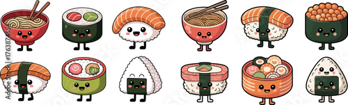 An adorable collection of kawaii-style sushi characters is displayed, each piece of sushi, from nigiri to maki rolls, given charming faces and tiny legs. 