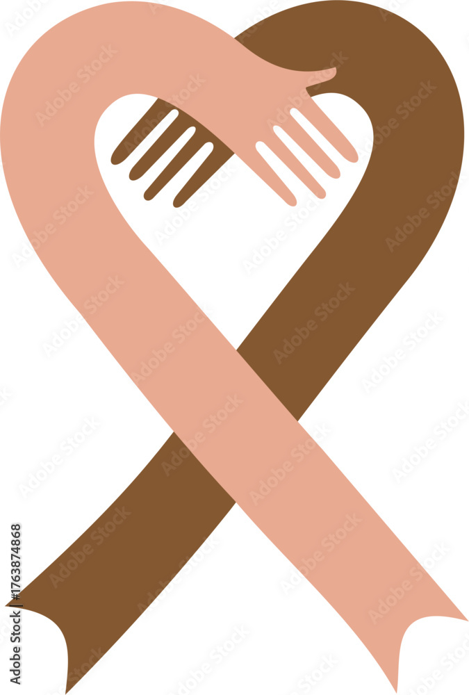 Fototapeta premium Minimalist illustration of two hands forming an awareness ribbon in heart shape, symbolizing unity, diversity, equality, compassion, and global support for health and social awareness campaigns.