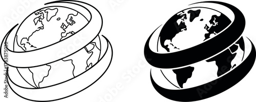 Global Network Connection with World Map and Orbiting Bands in Black and White