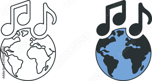 Global Music Connection Two versions globe icon with music notes above vector illustration