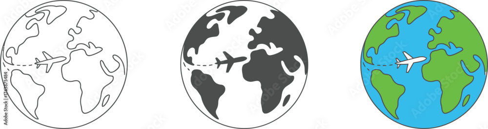Fototapeta premium Global Travel by Airplane Airplane Flight Route Around the World Globe Set