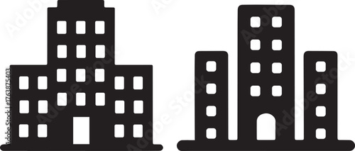 City Building Icon Set Black Silhouette Urban Office Apartment