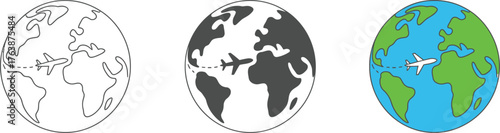 Global Travel by Airplane Airplane Flight Route Around the World Globe Set