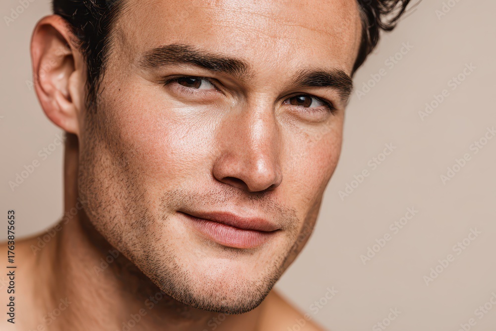 Obraz premium Portrait of a handsome young man with a warm smile, clear skin and thoughtful expression, posing confidently in front of a neutral background in the studio.