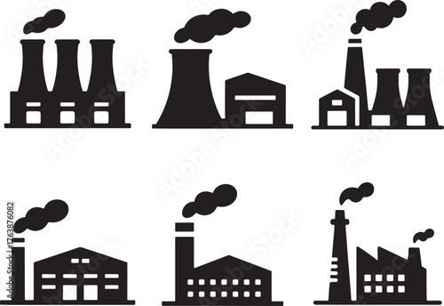 Industrial factory silhouettes with chimneys and smoke black vector set