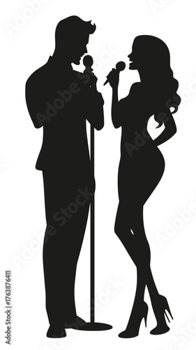 Silhouette of man and woman singing karaoke with microphones standing facing each other in minimalist black vector