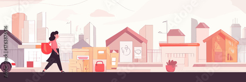 Young woman walking past houses with moving boxes outside symbolizing housing market challenges and rising living costs anxiety urban scene flat minimalist vector illustration