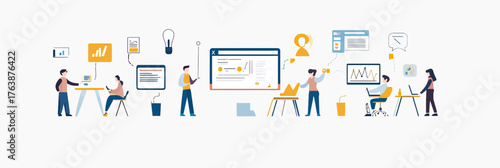 Flat vector illustration of business people collaborating on technology projects with charts, coding, and communication in modern office workspace