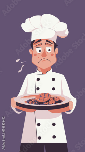 Sad male chef in white uniform holding a plate of burnt food with disappointed expression flat minimalist vector illustration