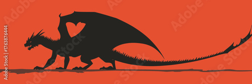 Black dragon silhouette walking with extended wings and long tail on plain red background minimalist vector illustration fantasy creature design