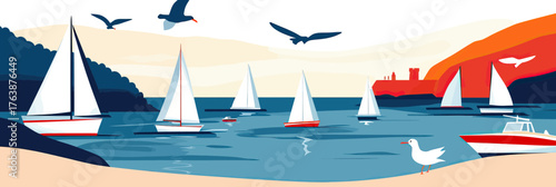 Coastal harbor with multiple sailboats and motorboats sailing on calm water with seagulls flying overhead and rocky cliffs in background vector illustration