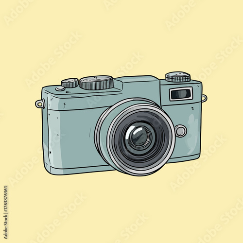Vintage style camera illustration with detailed lens and manual controls in hand-drawn sketch doodle flat vector isolated on light background for photography concept