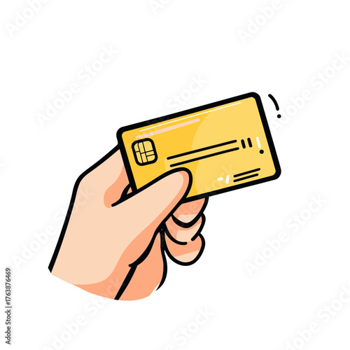 Hand holding yellow credit card with chip and stripe flat doodle style finance payment concept vector illustration icon design