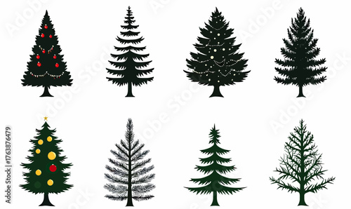 Set of eight different green pine tree silhouettes and decorated Christmas trees with ornaments and lights in flat minimalist vector style isolated on white background