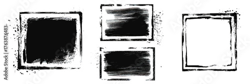 Set of black and white grunge brush stroke frames with rough textured edges isolated on white background for design borders and artistic photo overlays vector