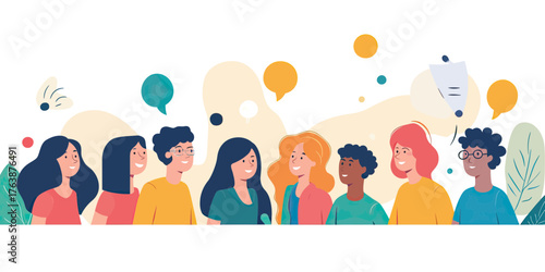 Diverse group people smiling and communicating with speech bubbles social interaction concept flat vector illustration