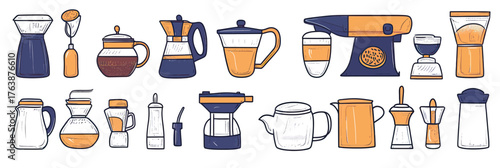 Hand drawn coffee brewing equipment vector set including grinders, espresso machine, pour over, kettles, mugs, and barista tools in minimalist flat style