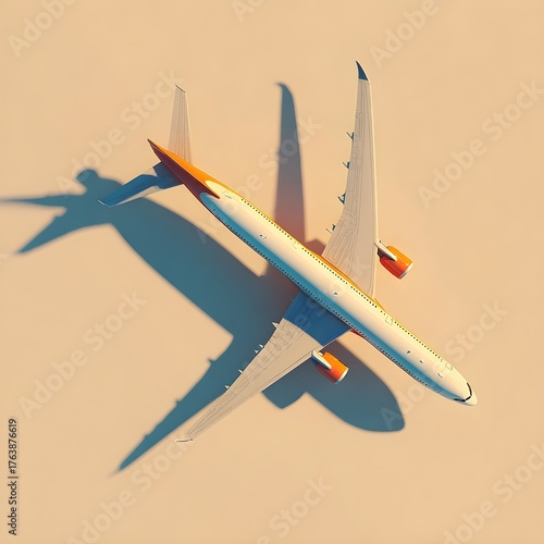 Airplane soaring above, minimalist aviation concept with dramatic shadow, travel and freedom aesthetic.