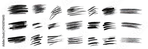 Set of twenty five black ink brush stroke vector illustrations with rough texture various widths and shapes ideal for graphic design and artistic highlights