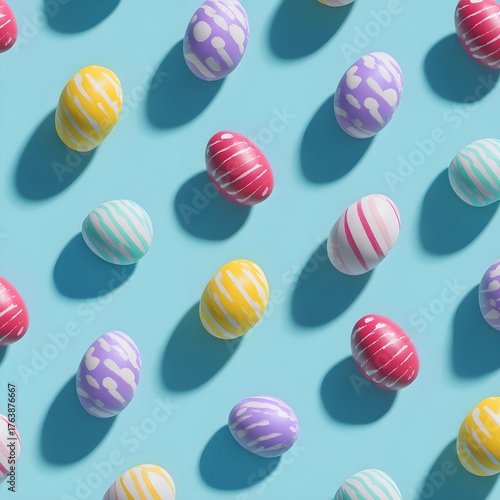 Colorful Easter eggs pattern on pastel blue background, spring holiday celebration, festive flat lay design.