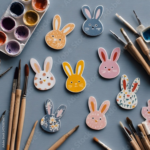 Hand-painted wooden bunny cutouts with watercolor paints and brushes, Easter crafting concept.