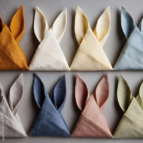 Elegant linen napkins folded as bunny ears, pastel colors, Easter table setting, spring celebration concept.