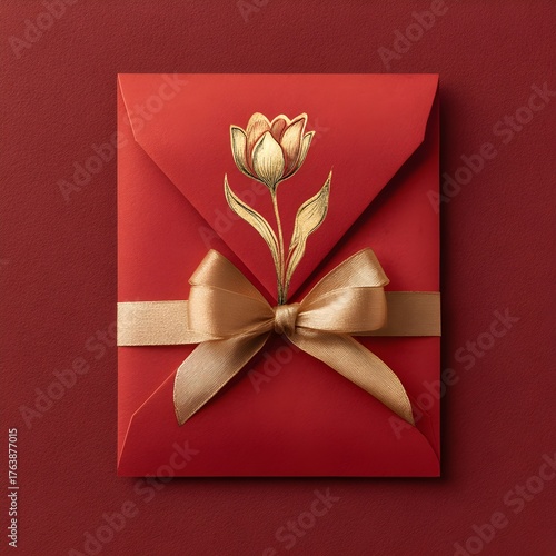 Elegant red envelope with golden tulip and ribbon, conveying love, romance, and special occasions.