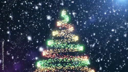 Magical snowfall cascades around glittering christmas tree in nighttime wonderland