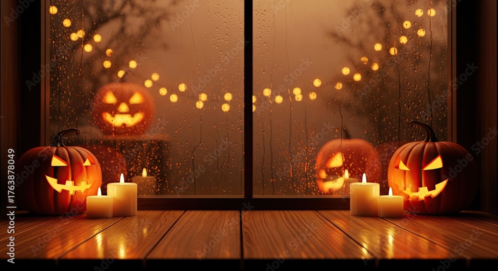 Fototapeta premium Cozy Halloween windowsill with jack-o'-lanterns & candles.