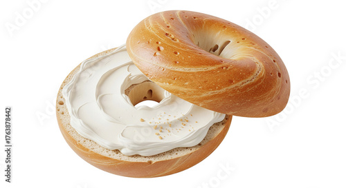 realistic 3D of sliced bagel with cream cheese, isolated, breakfast food concept