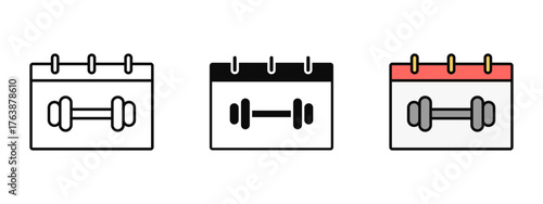 Fitness schedule icon collection designed in stroke, fill, and color variations, isolated on a white background. Perfect for fitness apps, web interfaces workout planners, and gym management concepts.