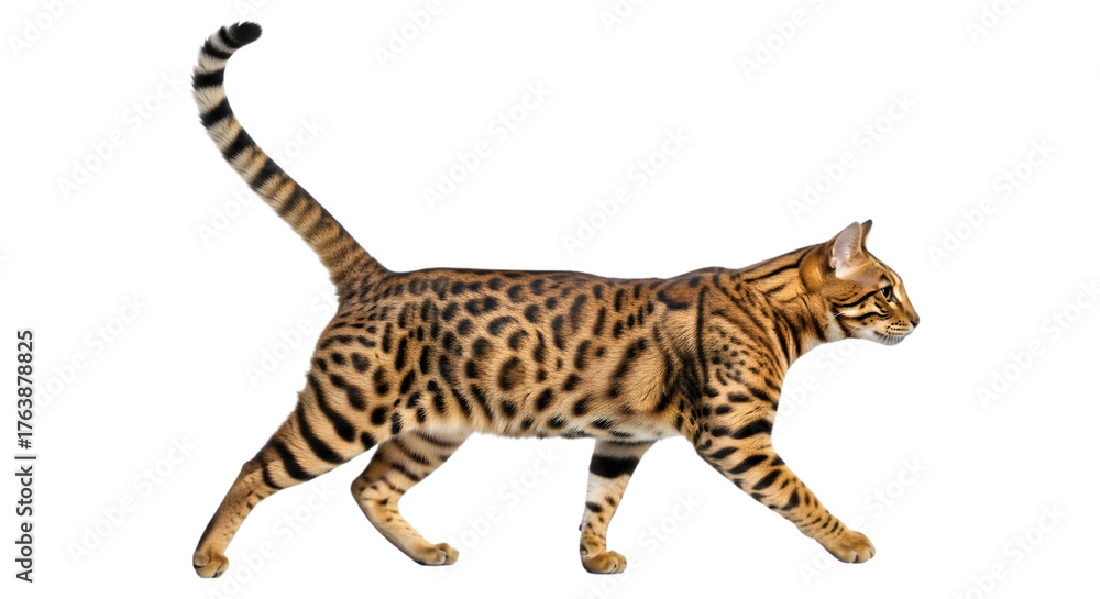 Fototapeta premium Bengal cat with distinctive spots walks gracefully on a black background showcases beauty