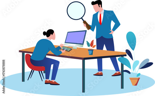 Micromanaging boss or toxic manager concept, business leader using magnifying glass to supervise employee work