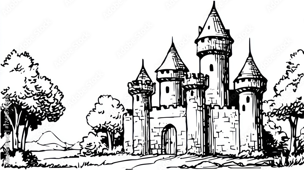 Obraz premium Black and white sketch of a castle with trees on either side and distant hills
