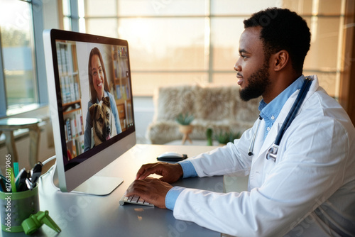 Veterinarian consults client and dog remotely via telehealth video call