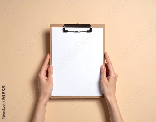 Overhead shot showing two hands holding a blank white sheet of paper clipped to a wooden clipboard, resting on a beige surface