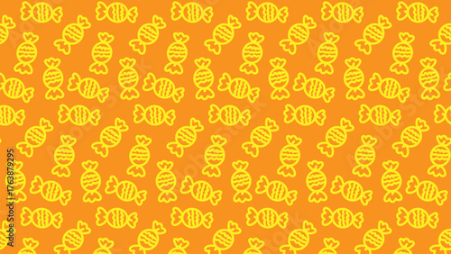 Seamless pattern of yellow candy wrapped in a cellophane with orange background, vector illustration