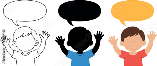 Three boys with speech bubbles vector illustration representing diversity and communication