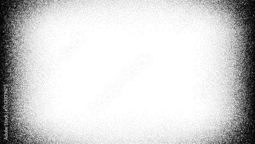 White rectangular frame with black stipple dot grain effect. Distorted texture with abstract noise for graphic design. Radial blend.