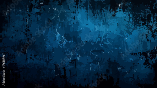 Abstract background featuring deep blue and bright cyan paint textures. Rough brush strokes, splatters, and smudges grunge-like atmosphere with dark navy to electric blue.