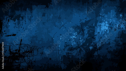 Abstract background featuring deep blue and bright cyan paint textures. Rough brush strokes, splatters, and smudges grunge-like atmosphere with dark navy to electric blue.