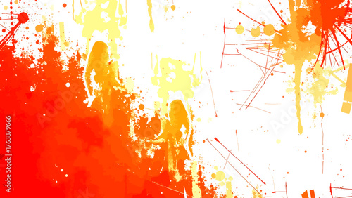 Abstract vivid orange paint splatters and drips on a white surface. Irregular splashes, blotches, streaks, and textured areas opacity with modern street art, graffiti, or expressive painting