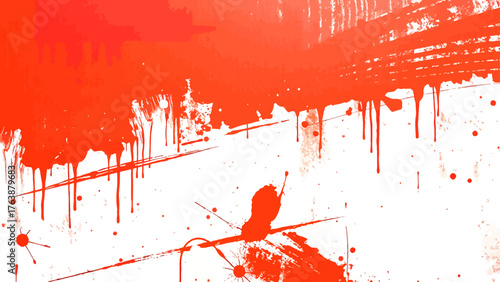 Abstract vivid orange paint splatters and drips on a white surface. Irregular splashes, blotches, streaks, and textured areas opacity with modern street art, graffiti, or expressive painting