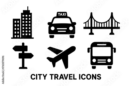 City travel icons including a building taxi bridge signpost airplane and bus on a white background symbolizing transportation and urban exploration