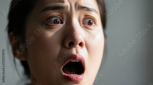  a woman with freckles on her face, her mouth open in surprise, against a blurred background