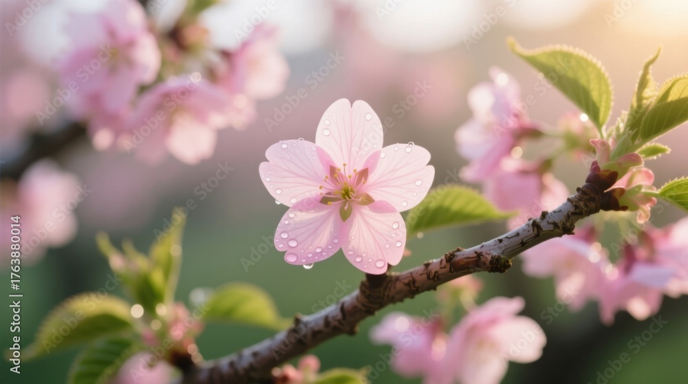 Obraz premium a branch of pink cherry blossoms with water droplets glistening on their petals, set against a blurred background