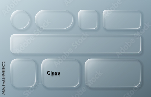 Various transparent glass morphism shapes for modern user interface design. Abstract liquid glass buttons and panels for futuristic web development.