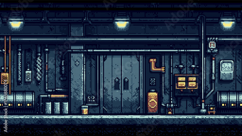 Pixel art industrial facility interior with pipes and machinery. Video game background aesthetic. Retro digital environment for game design concept.