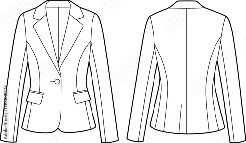Women’s blazer, fashion CAD illustration, technical flat sketch, vector drawing, front and back view, garment design, apparel template, sewing pattern, tailoring